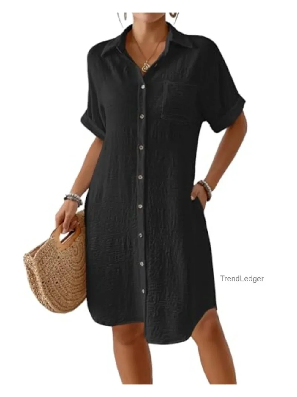 Women's Swimwear Cover Up Knee Length Beach Dress with Pockets Button Down
